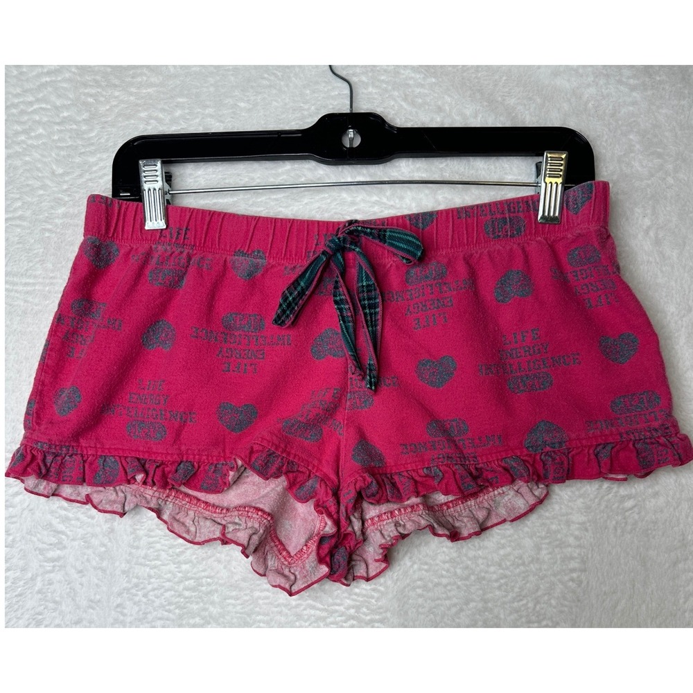 L.e.i. Pajama Shorts Womens Medium Pink Heart Ruffle Hem Cotton Sleepwear